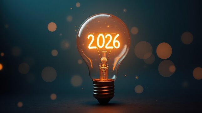 Light bulb showing year 2026 symbolizing future innovations and progress 
