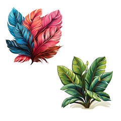 Colorful feathers and green tropical leaves isolated on transparent background