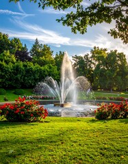 Naklejka premium A vibrant fountain in a well-manicured park, with lush green grass and colorful flowers, under a bright blue sky