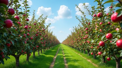 Rows of red apple trees heavy with fruit under blue sky
