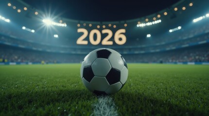 Naklejka premium Soccer 2026: A New Era Begins - Close-up of a soccer ball on a dewy field at night, with a stadium and 