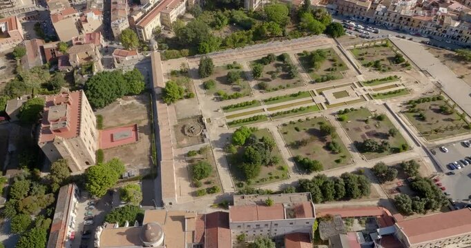 Aerial view of the Zisa, an Arab-Norman style palace in Palermo, Sicily, Italy. It's a Norman hunting lodge and summer palace in the western area of ​​the city. A public park is located in front of it