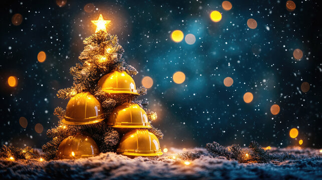 Christmas tree made of yellow construction helmets with glowing star and lights, celebrating Christmas in the construction industry, with a festive atmosphere and bokeh effect in a dark background