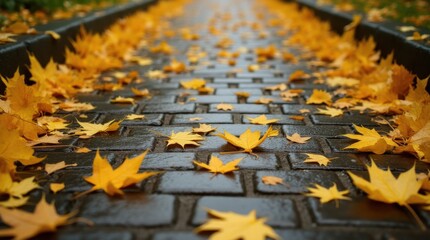Yellow maple leaves scattered on wet cobblestone path

