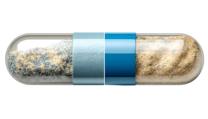 two images of an open white and blue capsule pill with sand inside