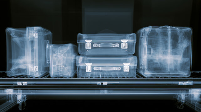 L'int&eacute;rieur de bagages vu aux rayons X sur un tapis roulant dans un a&eacute;roport