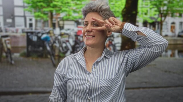 Woman flashing peace sign near her eye on a cobblestone street by a canal lined with bicycles; playfulness.