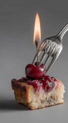 A flaming cherry atop berry-covered cake is impaled by a fork in a dramatic minimalist setup. Conceptual food photography blending dessert and fire symbolism.