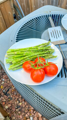 Fresh vegetables including ripe tomatoes and green asparagus arranged on a white plate, set against a textured outdoor background with grill elements