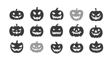 Black and White Jack O’ Lantern Pumpkin Sticker Icon Pack – Spooky Halloween Illustration Set for Posters and Designs