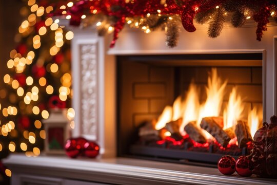 Christmas fireplace hearth red illuminated.