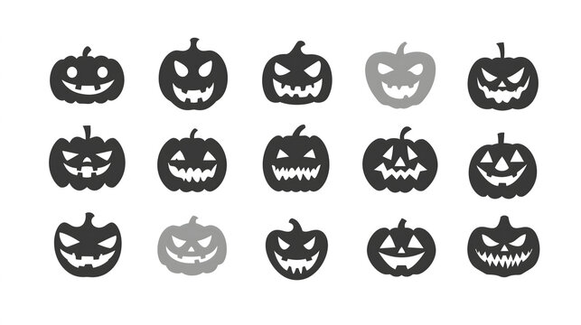 Black and White Jack O’ Lantern Pumpkin Sticker Icon Pack – Spooky Halloween Illustration Set for Posters and Designs