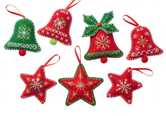 Festive christmas ornaments bells and stars for holiday cheer. Collection of festive felt christmas ornaments with embroidery, isolated on transparent background