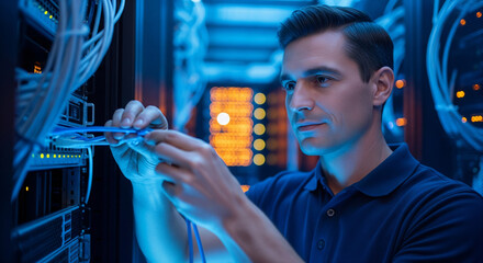 Technician working on server hardware in a data center