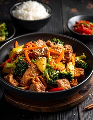 Fototapeta premium A vibrant photo showcasing a delicious stir-fry, broccoli, carrots, & meat, with a rice bowl in the background, set on dark wood