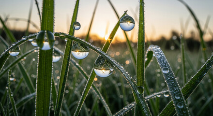 Morning dew drops on blades of grass with a sunrise reflection