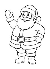Cute cartoon Santa Claus waving, vector line art for kids Christmas coloring page