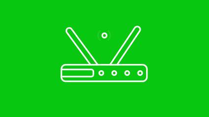 White outline icon of a wireless router with antennas on a bright green background Keywords: wireless router, wifi, internet, network, technology, connection, signal, modem, device, electronic