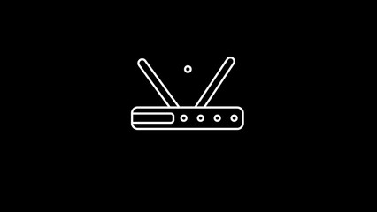 White outline icon of a wireless router with antennas on a black background Keywords: wireless router, wifi, internet, network, technology, connection, signal, modem, device, electronic