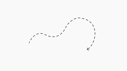 Dotted line arrow with a gentle curve and downward direction on a white background Keywords: arrow, curve, dashed, dotted, line, motion, movement, direction, graphic, symbol, design, element