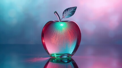 Striking glass apple with vibrant internal light and abstract bokeh background, symbolizing innovation and fresh ideas.