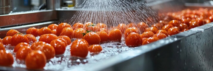 Fresh tomatoes being washed with water spray on conveyor in food processing plant