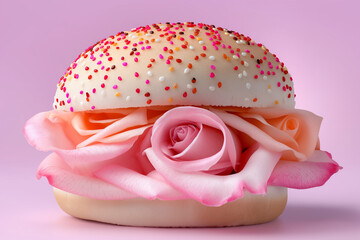 A pastel burger topped with candy sprinkles and pink rose petals forms a dreamy and romantic still life. Soft feminine tones blend with minimal surreal food design.
