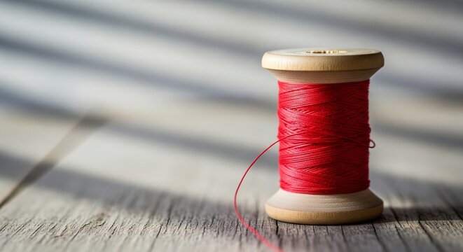 Close-up of a wooden spool of red thread on a rustic wooden surface