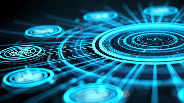 Futuristic digital blue circular interface with glowing holographic rings