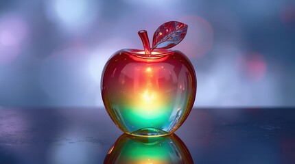         Stunning glass apple sculpture glows with vibrant rainbow light, reflecting a magical, colorful spectrum on a sleek surface