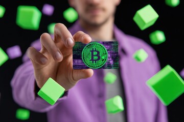 Male figure displays a digital crypto card in vibrant neon colors, with floating geometric shapes creating a dynamic atmosphere of innovation and technology