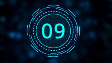 Blue digital countdown timer with number nine and circular HUD elements graphic design