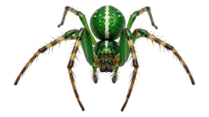 Detailed macro view of a vibrant green spider on black background.