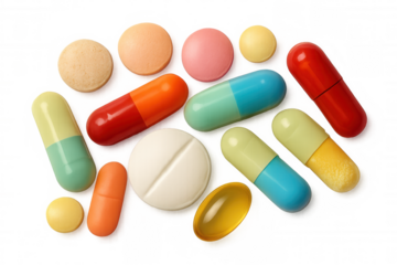 Colorful medication pills, capsules, and tablets illustrating healthcare, pharmacy, wellness, and medical treatment on transparent background