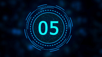Futuristic Neon Blue Countdown Timer Displaying Number 05 with Digital Glitch Effect five