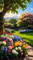 Obraz premium A vibrant garden path, brimming with colorful flowers & lush greenery, leading toward mountains under a clear blue sky