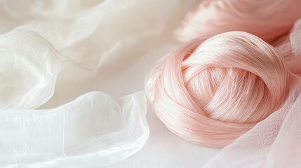 Close up of pink silk thread bundle with delicate fabric