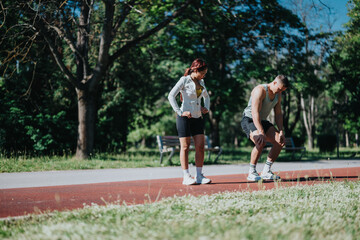Two individuals engaging in a fitness routine on a running track surrounded by nature, showcasing teamwork, athleticism, and outdoor fitness in a vibrant environment.