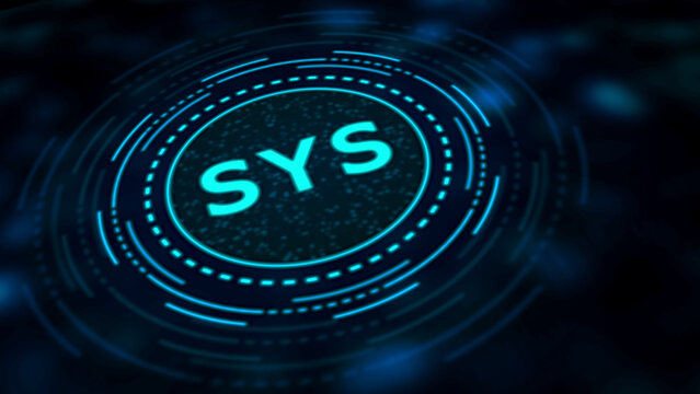 Cyan SYS acronym in a digital circular interface with dark blue bokeh background system abbreviation