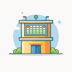 Colorful Cartoon Stadium Building with Scoreboard Display