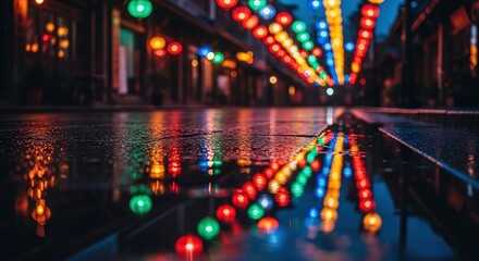 Obraz premium Reflections of colorful lanterns on a wet street at night.