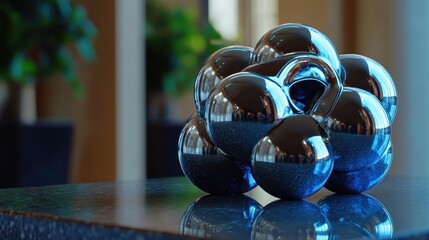 Close up of shiny chrome spheres forming decorative sculpture