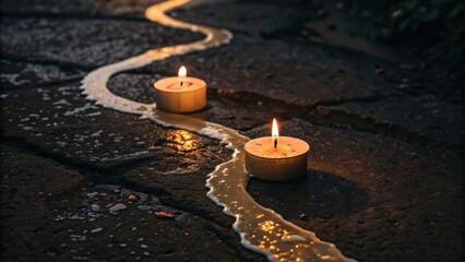 Two lit candles with melted wax trail on dark stone surface
