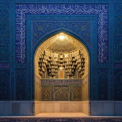 Intricate architectural details of a mosque's entrance, highlighted by rich blue and gold patterns.