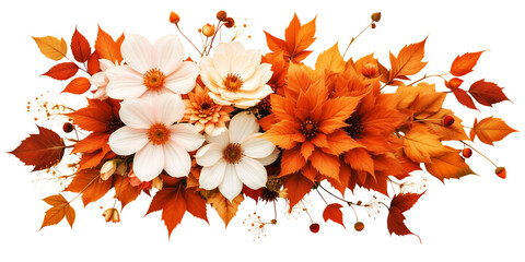 Vibrant autumn floral arrangement with white and orange flowers and colorful leaves