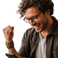 Illustration of excited man celebrating success while looking at his phone isolated on transparent background