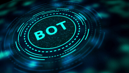 Glowing blue neon BOT text on a dark digital abstract background with concentric circles and particles