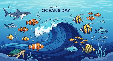 World Oceans Day underwater scene with diverse marine life and big wave.