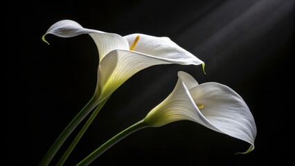 Two white calla lilies leaning toward each other with detail © Khalis Mustapha