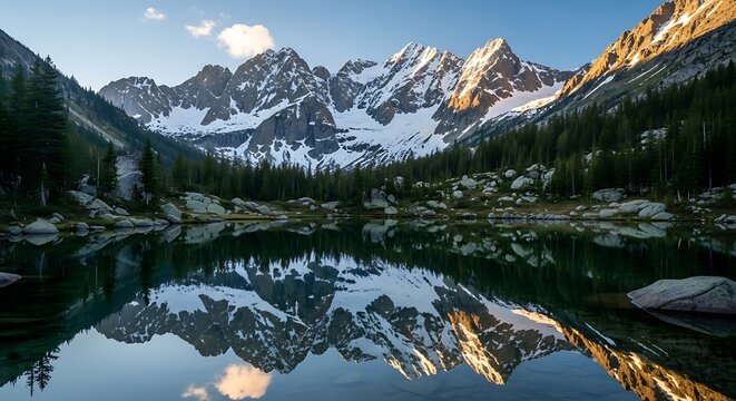 A serene mountain lake reflects the snow-capped peaks, showcasing a tranquil alpine vista at sunrise.